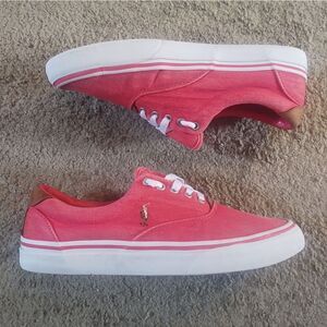 Polo Ralph Lauren Thorton Washed Twill/Leather Red Sneakers Mens SZ 8 PRE-OWNED